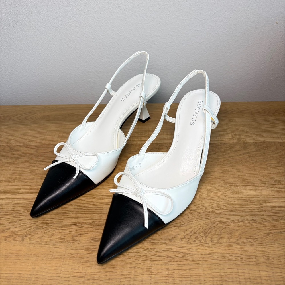 Berness Tatiana White Black Cap Toe Slingback Kitten Heel Bow Pumps Size 8.5